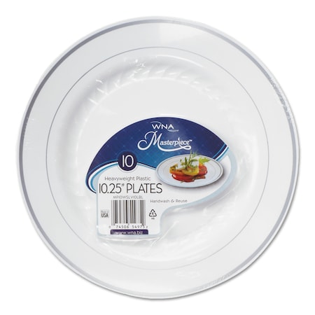 Wna Masterpiece Plastic Plates, 10.25" dia, White/Silver, PK120 RSM101210WS
